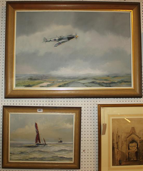 M. J. Pendreich, two signed oils on board, Spitfire & Thames Barge